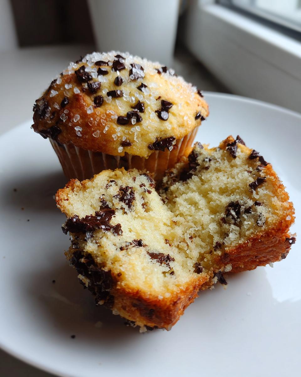 Close-up of a moist chocolate chip muffin, one whole and one broken open, showing the crumb and chocolate chunks.