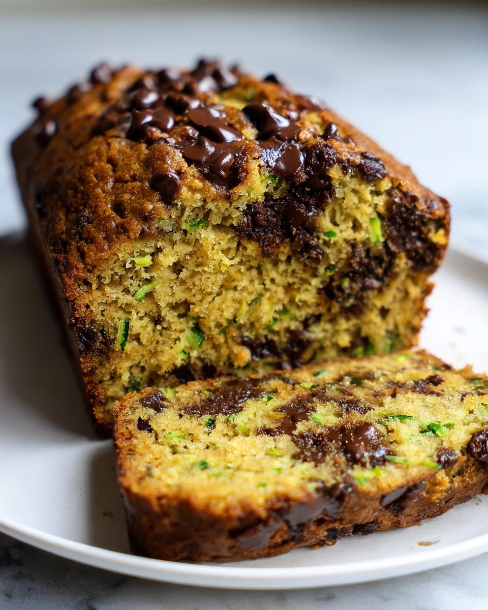 A close-up of a moist chocolate chip zucchini bread loaf with one slice cut and resting beside it.