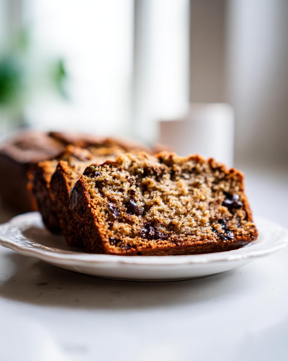 Close-up of a moist slice of chocolate chip zucchini bread on a small white plate.
