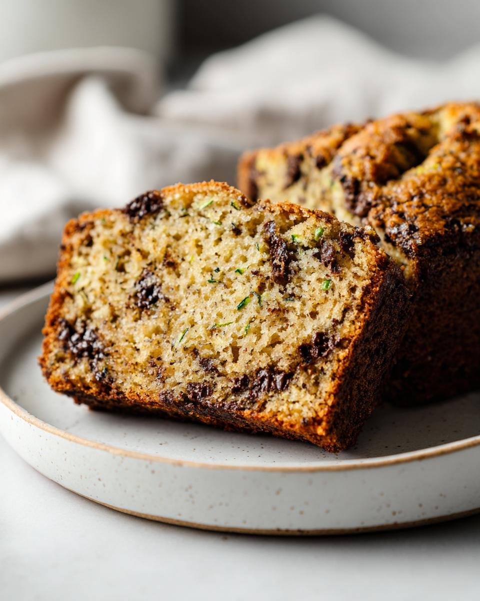 Close-up of a moist slice of chocolate chip zucchini bread showing green shreds of zucchini and melted chocolate chunks.