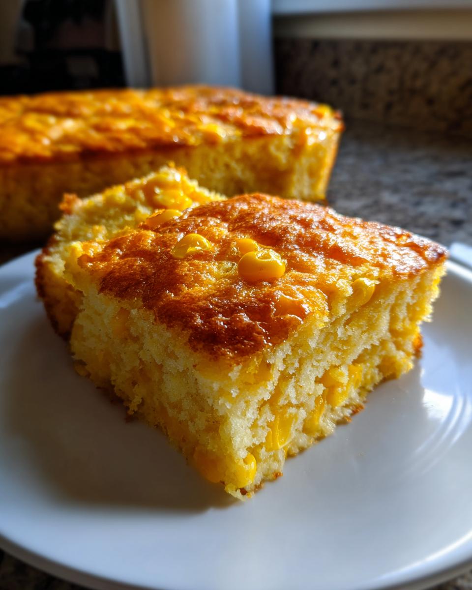 A close-up of a moist slice of cornbread casserole with visible corn kernels on a white plate.