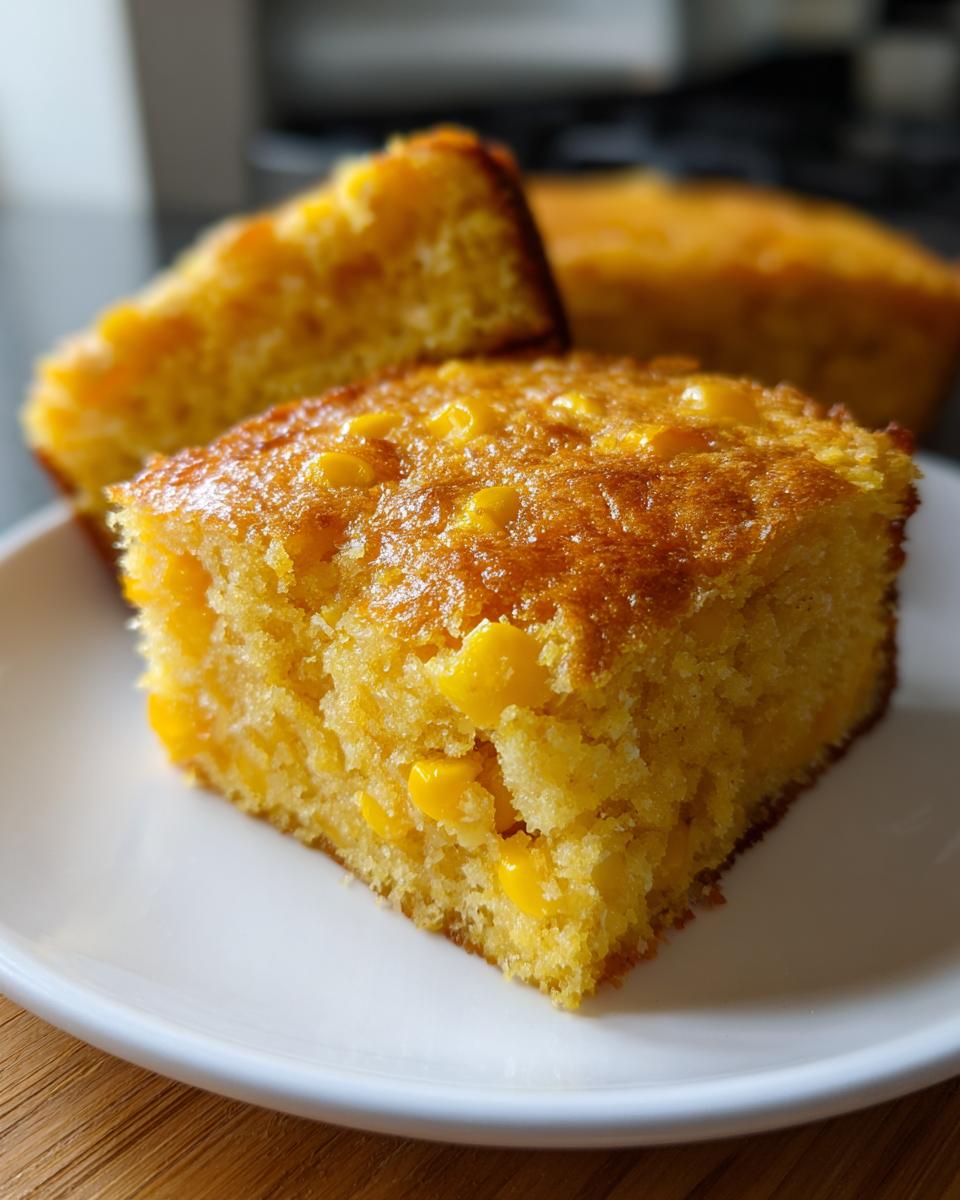 A close-up of a square slice of moist cornbread casserole studded with whole corn kernels on a white plate.