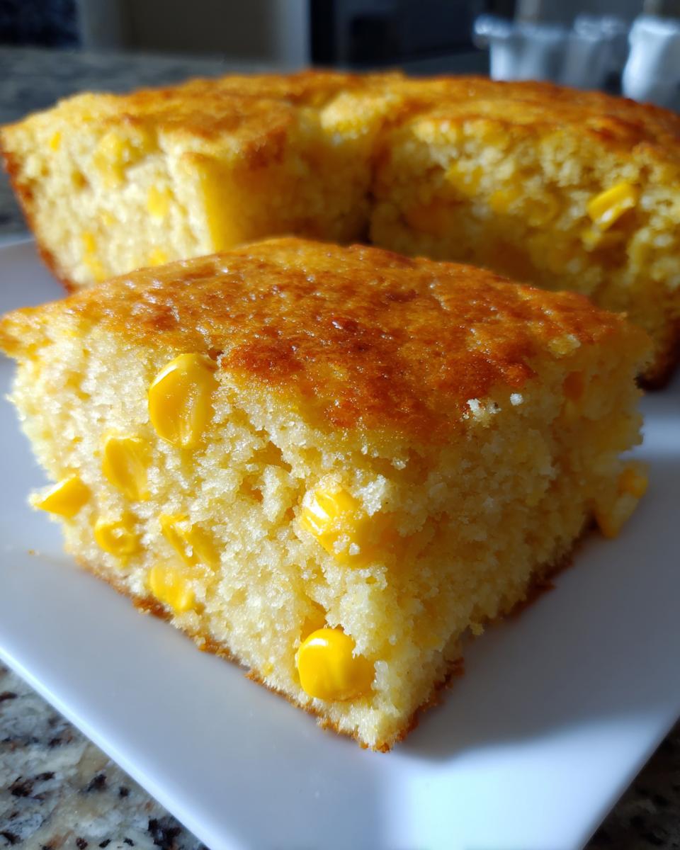 Close-up of a moist slice of cornbread casserole studded with bright yellow corn kernels, served on a white plate.