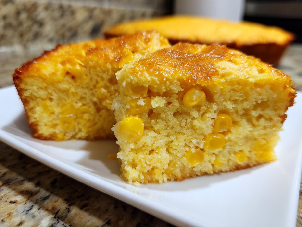Two moist slices of cornbread casserole showing whole corn kernels baked inside, served on a white plate.