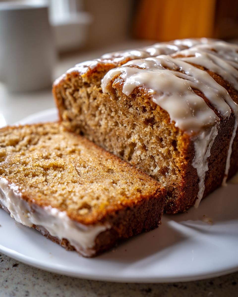 Close-up of moist eggnog bread loaf with a thick white glaze drizzled over the top and one slice cut.