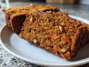Close-up of a moist slice of persimmon bread showing its rich orange color and visible walnuts.