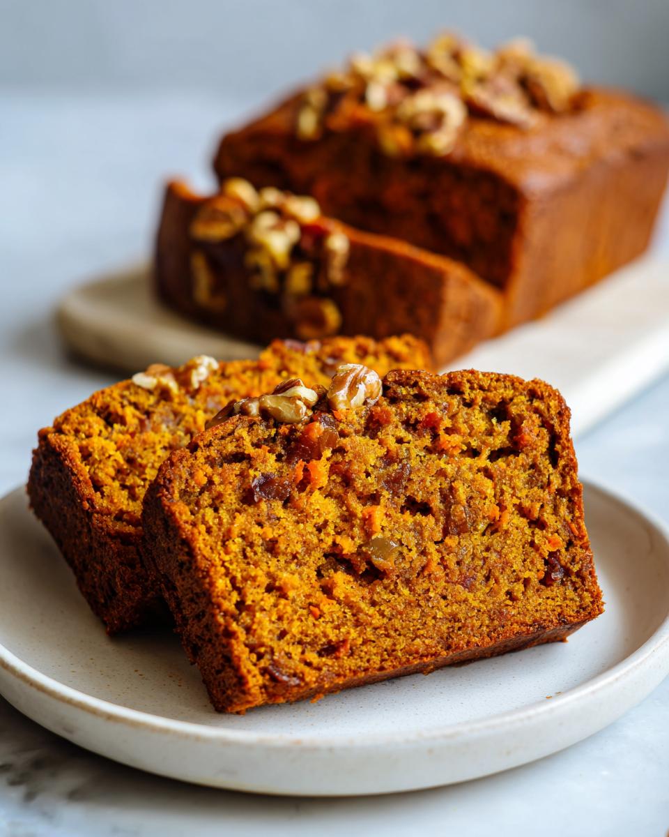 Two thick, moist slices of orange-hued persimmon bread topped with walnuts on a white plate.