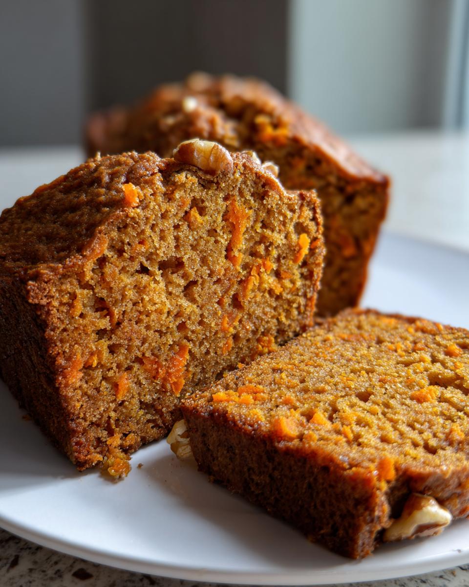 Close-up of moist slices of persimmon bread, showing visible orange shreds and a walnut topping.
