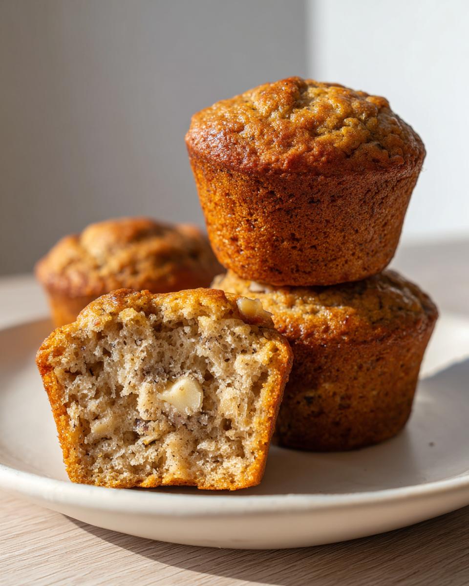 Close-up of stacked, golden brown protein muffins, one cut open revealing a moist crumb and white chocolate chip.
