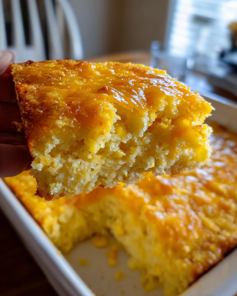 A person holding up a moist, golden slice of jiffy corn casserole with a cheesy top layer.