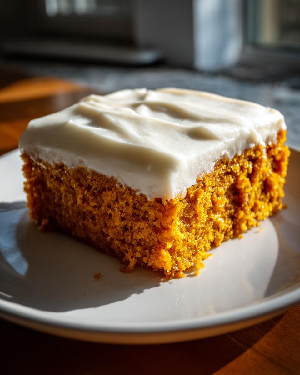 A single, thick slice of moist pumpkin bars topped generously with white cream cheese frosting on a white plate.