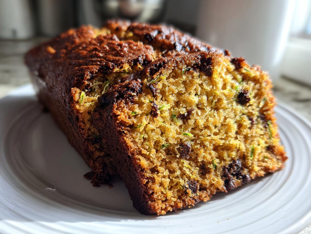 A close-up of a moist slice of chocolate chip zucchini bread showing shredded zucchini and a golden brown crust.