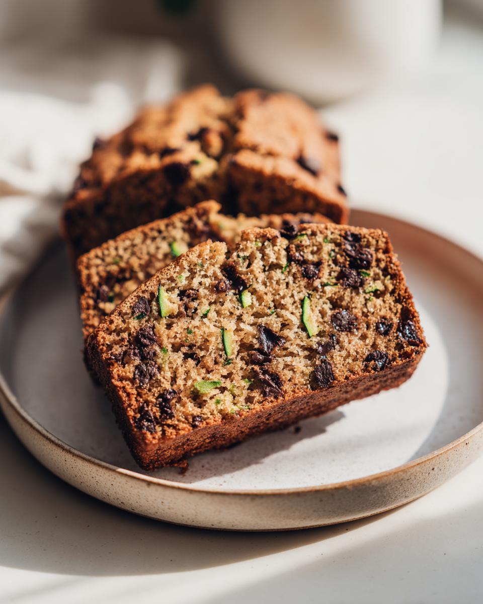 Close-up of moist zucchini bread slices packed with chocolate chips and visible shreds of green zucchini.