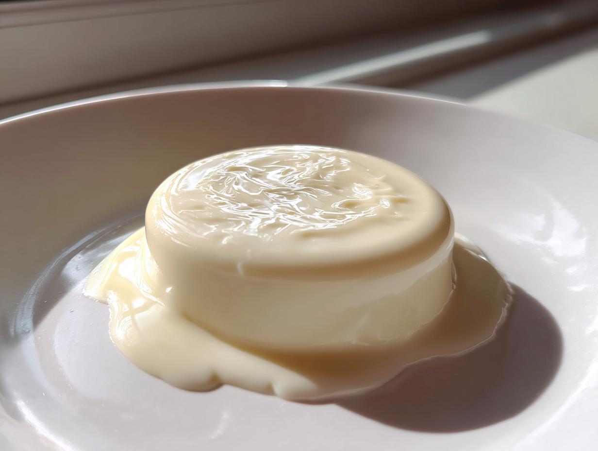 A small, molded dessert, possibly panna cotta, generously topped with glossy white chocolate ganache.