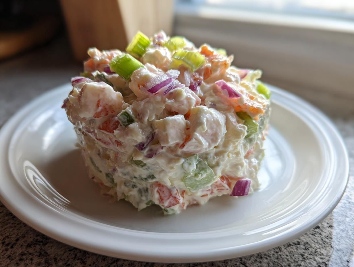 A beautifully molded portion of creamy seafood salad featuring shrimp, red onion, and celery on a white plate.