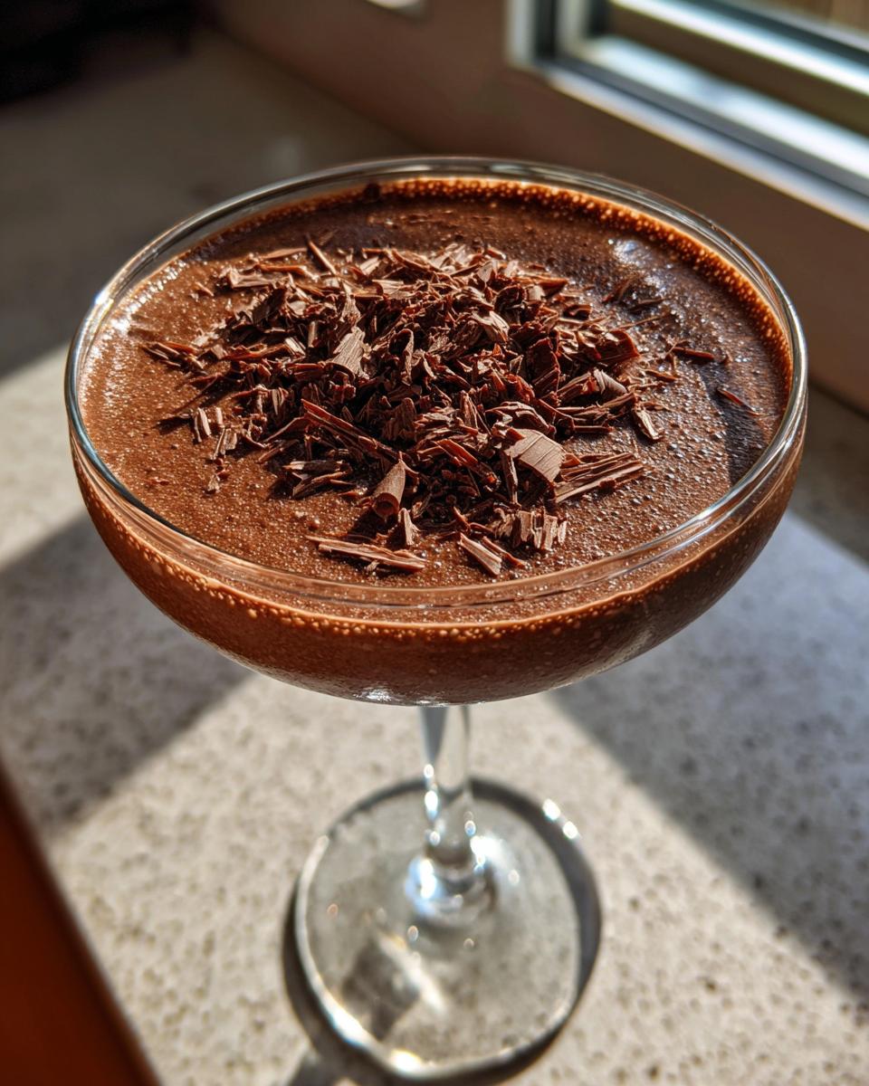 Close-up of a rich, creamy non alcoholic chocolate martini topped with dark chocolate shavings.