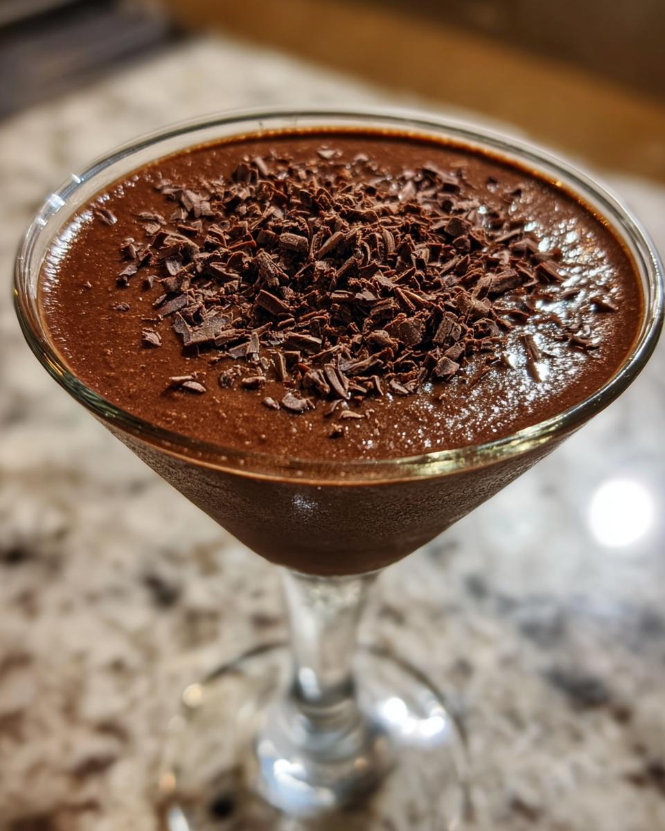 Close-up of a rich, thick non alcoholic chocolate martini topped generously with dark chocolate shavings.