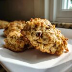 Close-up of a textured oatmeal breakfast cookie, featuring visible oats and dried cranberries, resting on a white plate.