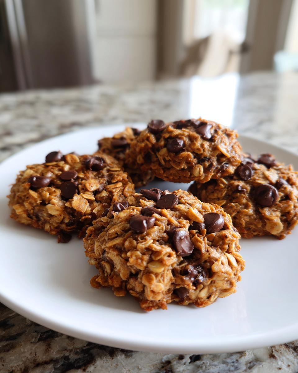 Four textured, oatmeal-based breakfast cookie treats topped with chocolate chips, served on a white plate.