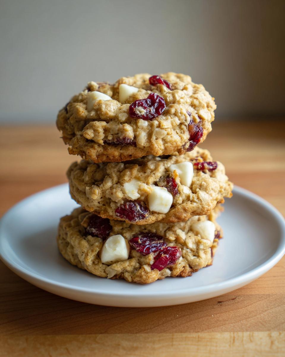 A stack of three chewy oatmeal cranberry white chocolate macadamia nut cookies on a small white plate.