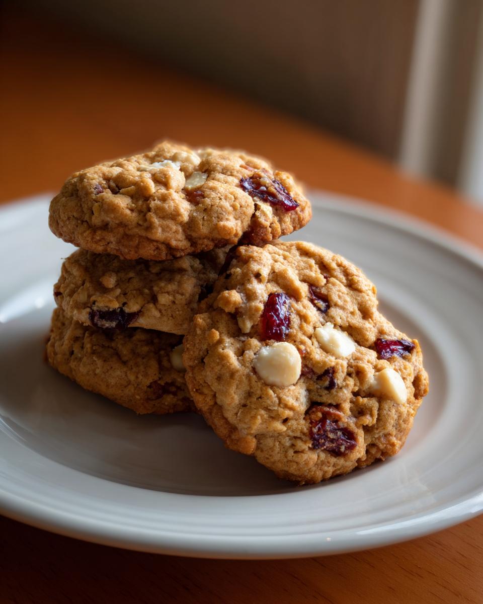 A stack of three chewy oatmeal cranberry white chocolate macadamia nut cookies on a light plate.