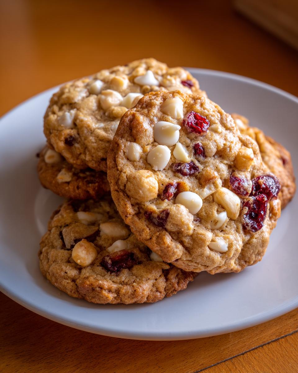 A stack of freshly baked oatmeal cranberry white chocolate macadamia nut cookies on a light blue plate.