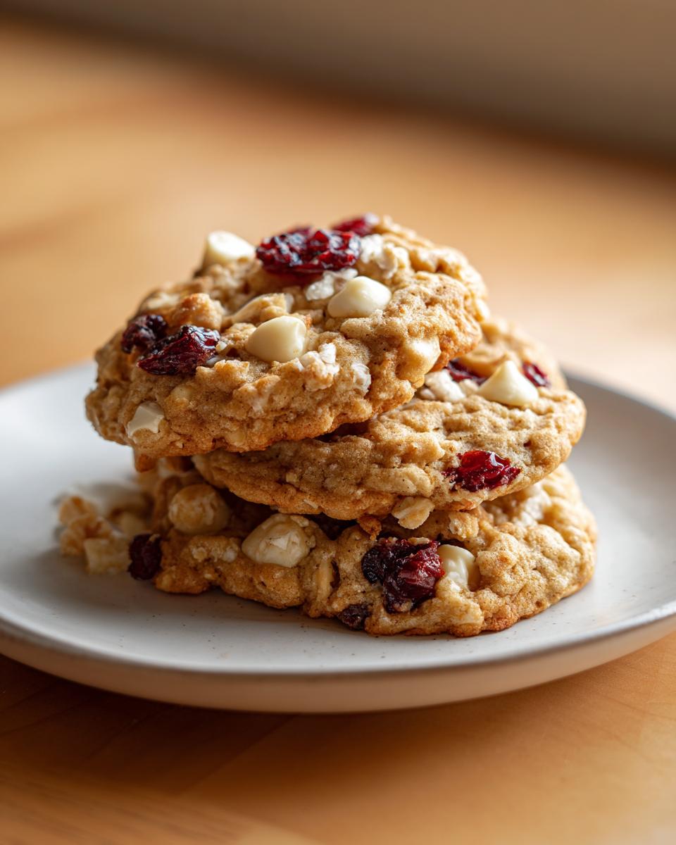 A stack of three chewy oatmeal cranberry white chocolate macadamia nut cookies on a light plate.