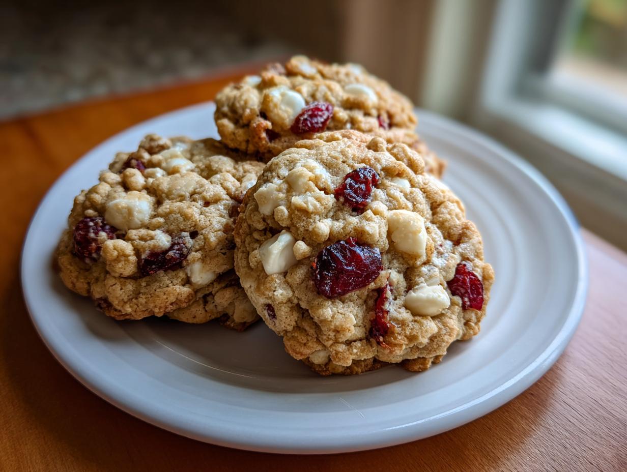 A stack of three chewy oatmeal cranberry white chocolate macadamia nut cookies on a white plate.