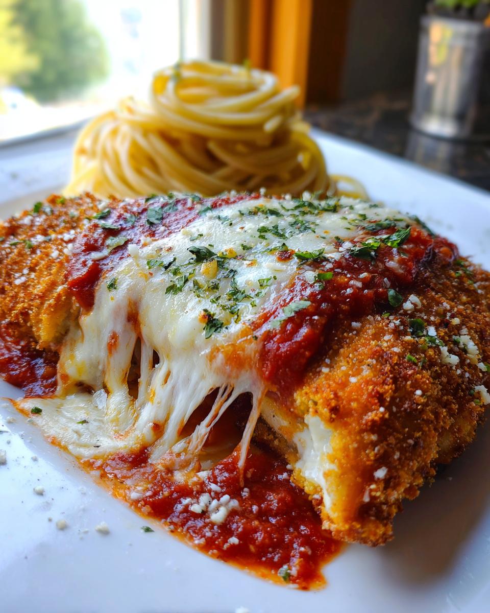Close-up of a breaded chicken cutlet covered in marinara sauce and melted mozzarella cheese, served with spaghetti, replicating the olive garden chicken parmesan recipe.