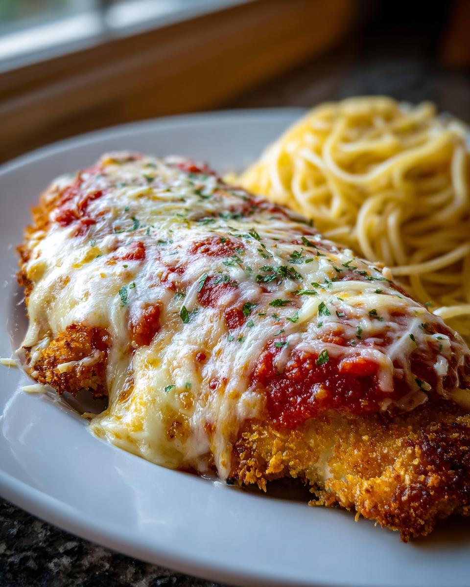 Close-up of breaded chicken topped with melted mozzarella, marinara sauce, and parsley, served with spaghetti for an olive garden chicken parmesan recipe.
