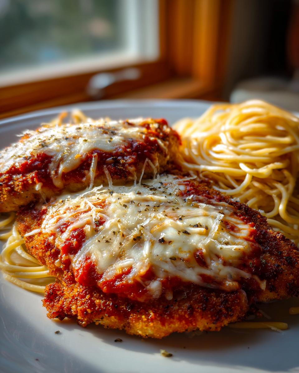 Two breaded chicken cutlets topped with marinara sauce and melted mozzarella cheese, served with spaghetti, for an olive garden chicken parmesan recipe.