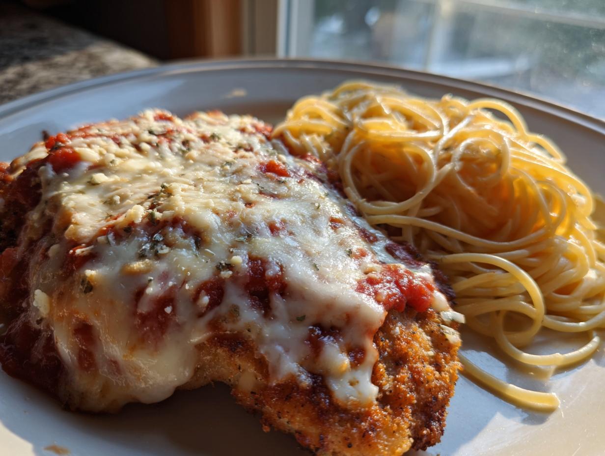 Close-up of breaded chicken topped with melted mozzarella and marinara sauce, served with spaghetti for the olive garden chicken parmesan recipe.