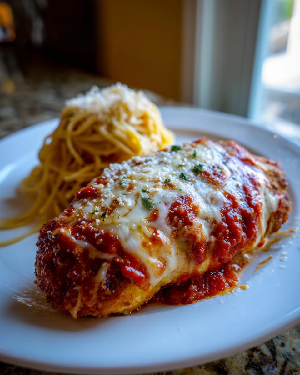 Close-up of a breaded chicken breast topped with melted mozzarella and marinara sauce, served with spaghetti, mirroring an olive garden chicken parmesan recipe.