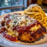 A close-up of a breaded chicken breast topped with melted mozzarella, marinara sauce, and parsley, served with spaghetti, for the olive garden chicken parmesan recipe.