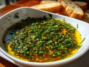 Close-up of a white bowl filled with vibrant olive oil bread dipping sauce, rich with fresh herbs and spices.