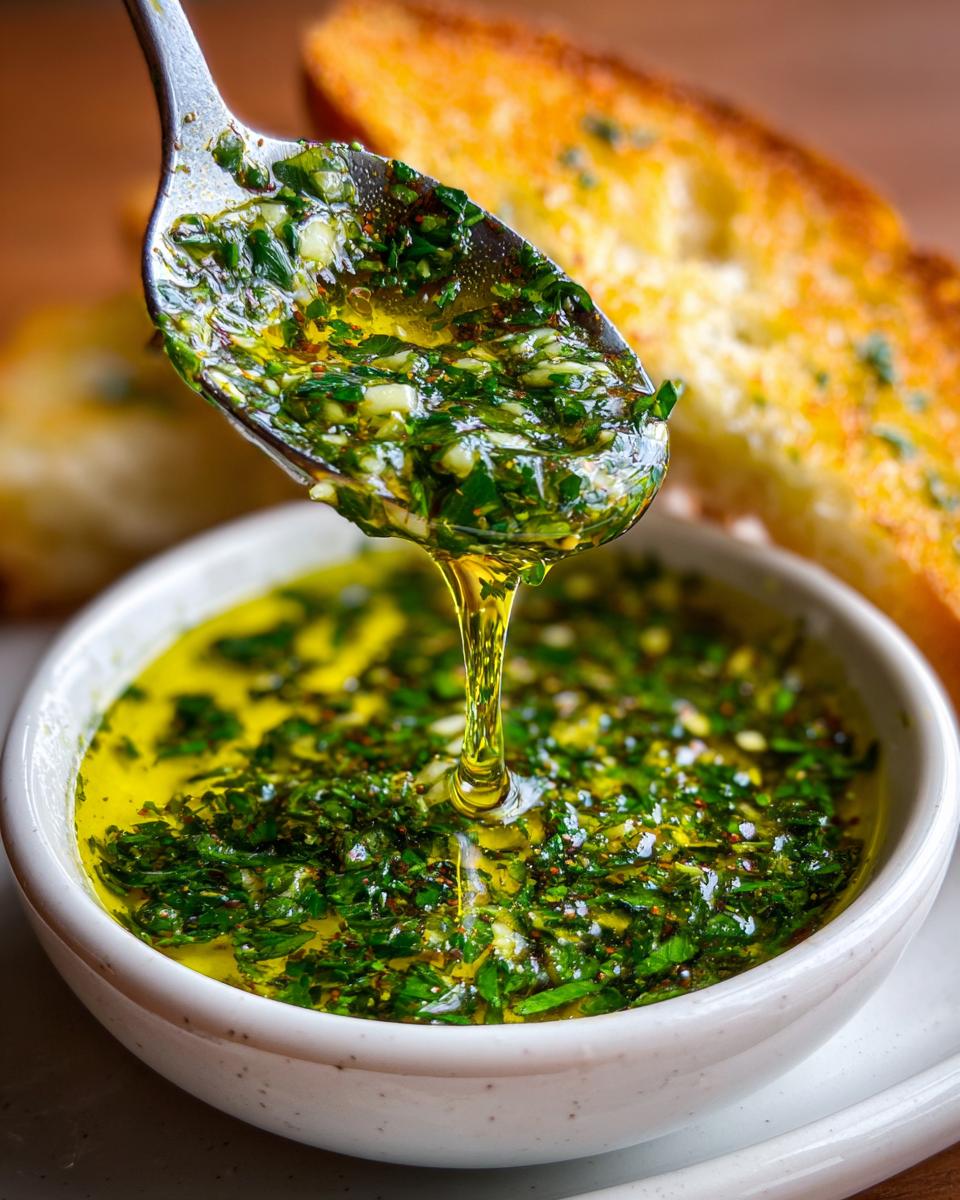 A spoonful of vibrant olive oil bread dipping sauce, rich with herbs and garlic, being drizzled back into a white bowl.