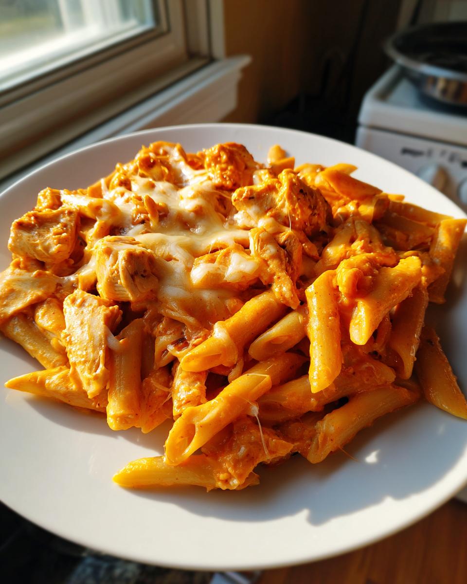 Close-up of a serving of creamy, orange buffalo chicken pasta topped with melted mozzarella cheese.
