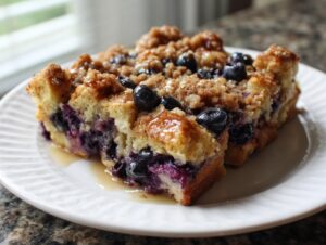 Two squares of overnight blueberry french toast casserole topped with streusel and syrup on a white plate.