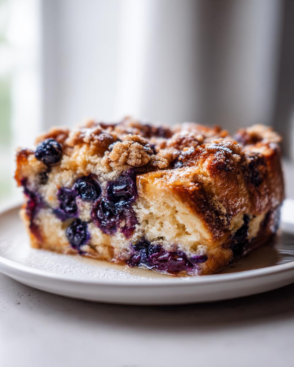 A close-up of a moist slice of overnight blueberry french toast casserole topped with streusel.