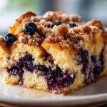 Close-up of a moist slice of overnight blueberry french toast casserole with a cinnamon streusel topping.