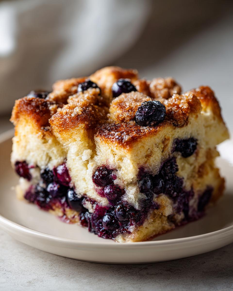 A close-up of a square slice of overnight blueberry french toast casserole, topped with cinnamon sugar.