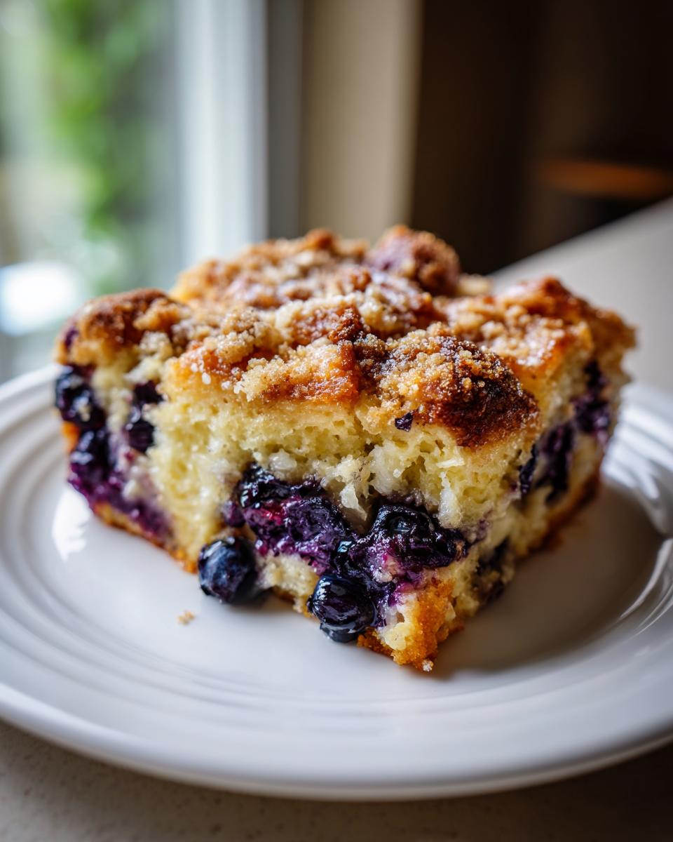 A close-up of a square slice of overnight blueberry french toast casserole with a crumb topping on a white plate.