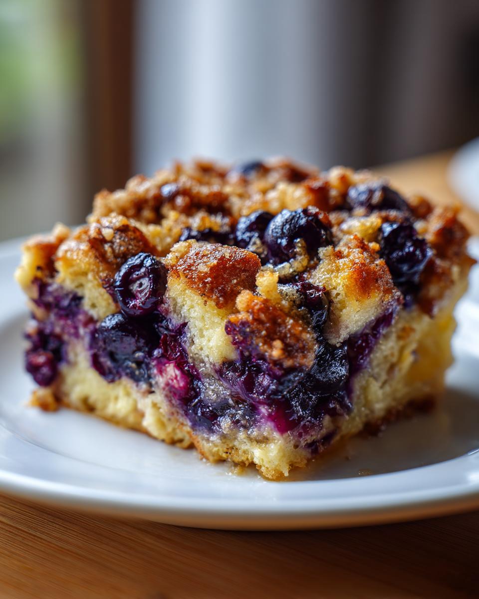 Close-up of a moist slice of overnight blueberry french toast casserole with a crumb topping.