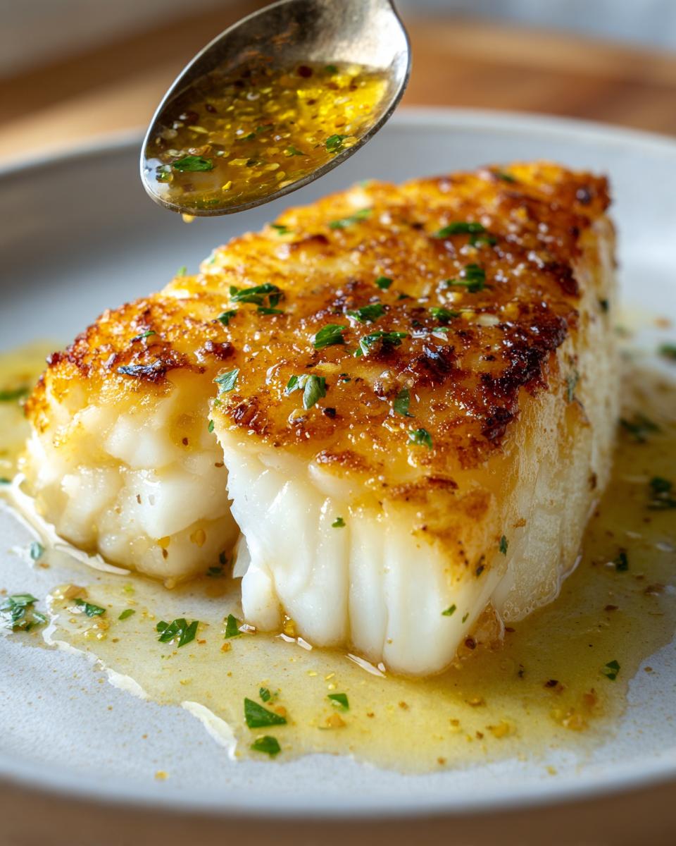 Close-up of pan seared chilean sea bass recipe, being basted with a spoon of lemon butter sauce.