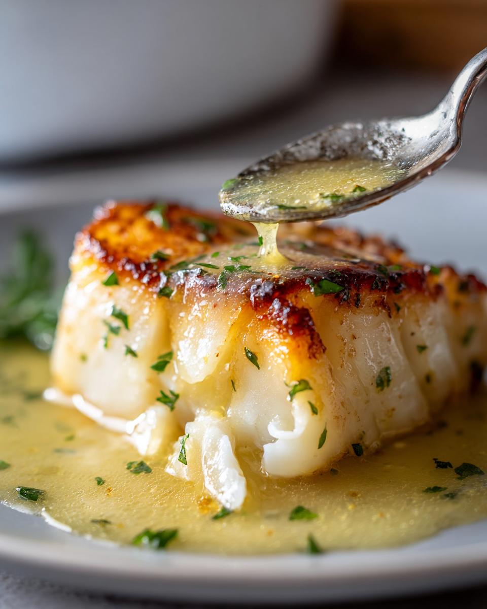 Close-up of pan seared chilean sea bass recipe being basted with lemon butter sauce and parsley.