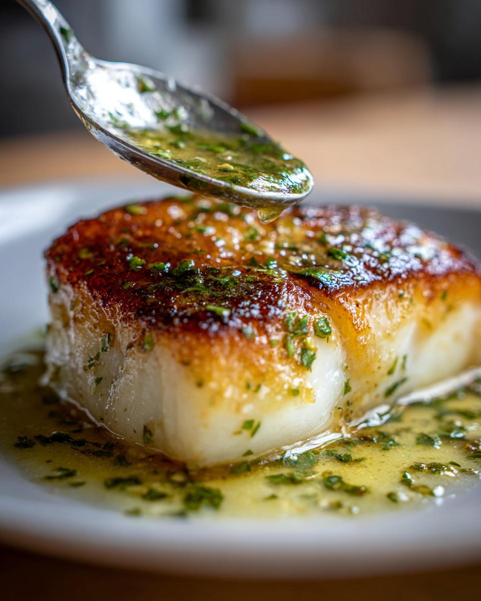 Close-up of pan seared chilean sea bass recipe being basted with a spoon of melted herb butter.