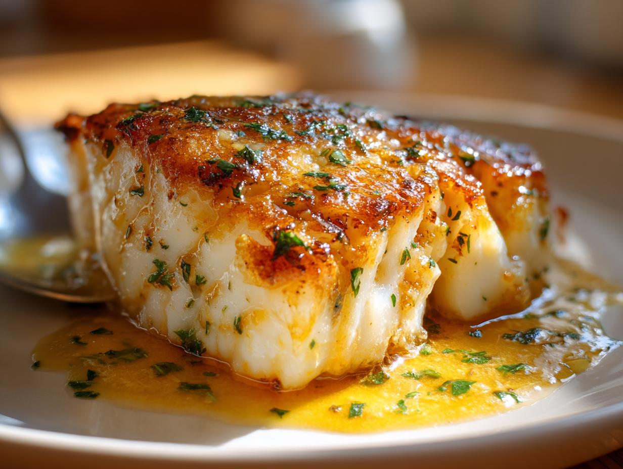 Close-up of a perfectly pan seared chilean sea bass recipe fillet resting in lemon-herb butter sauce.
