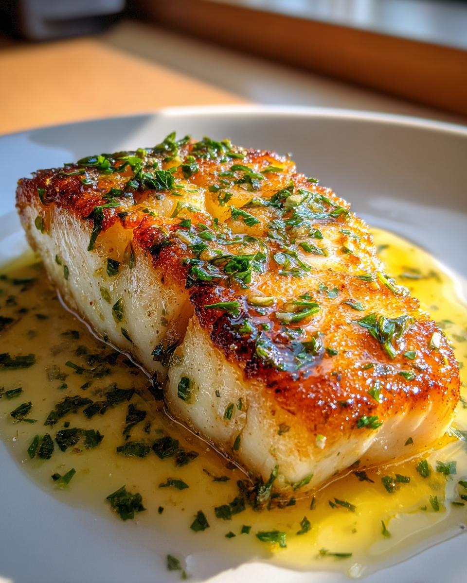 Close-up of a thick, golden-brown pan seared chilean sea bass recipe fillet in a lemon-herb butter sauce.