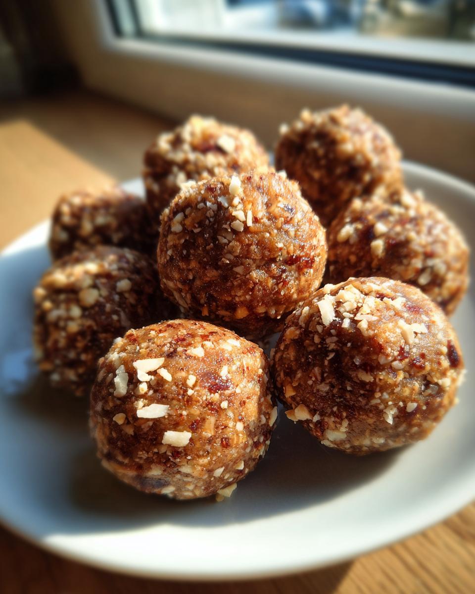 A close-up of several homemade peanut butter protein balls rolled in chopped nuts, sitting on a white plate.