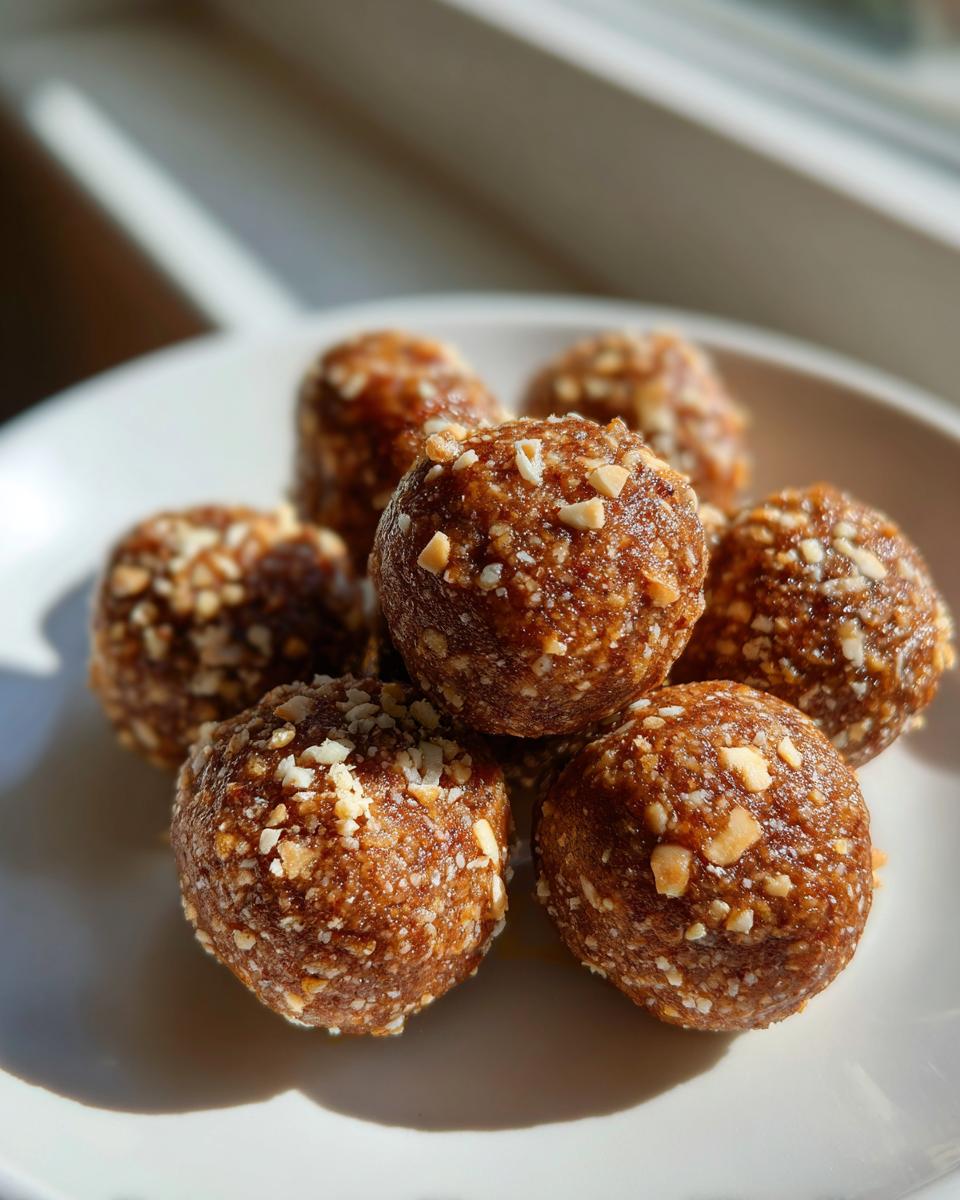 A stack of homemade peanut butter protein balls coated in chopped nuts on a white plate.